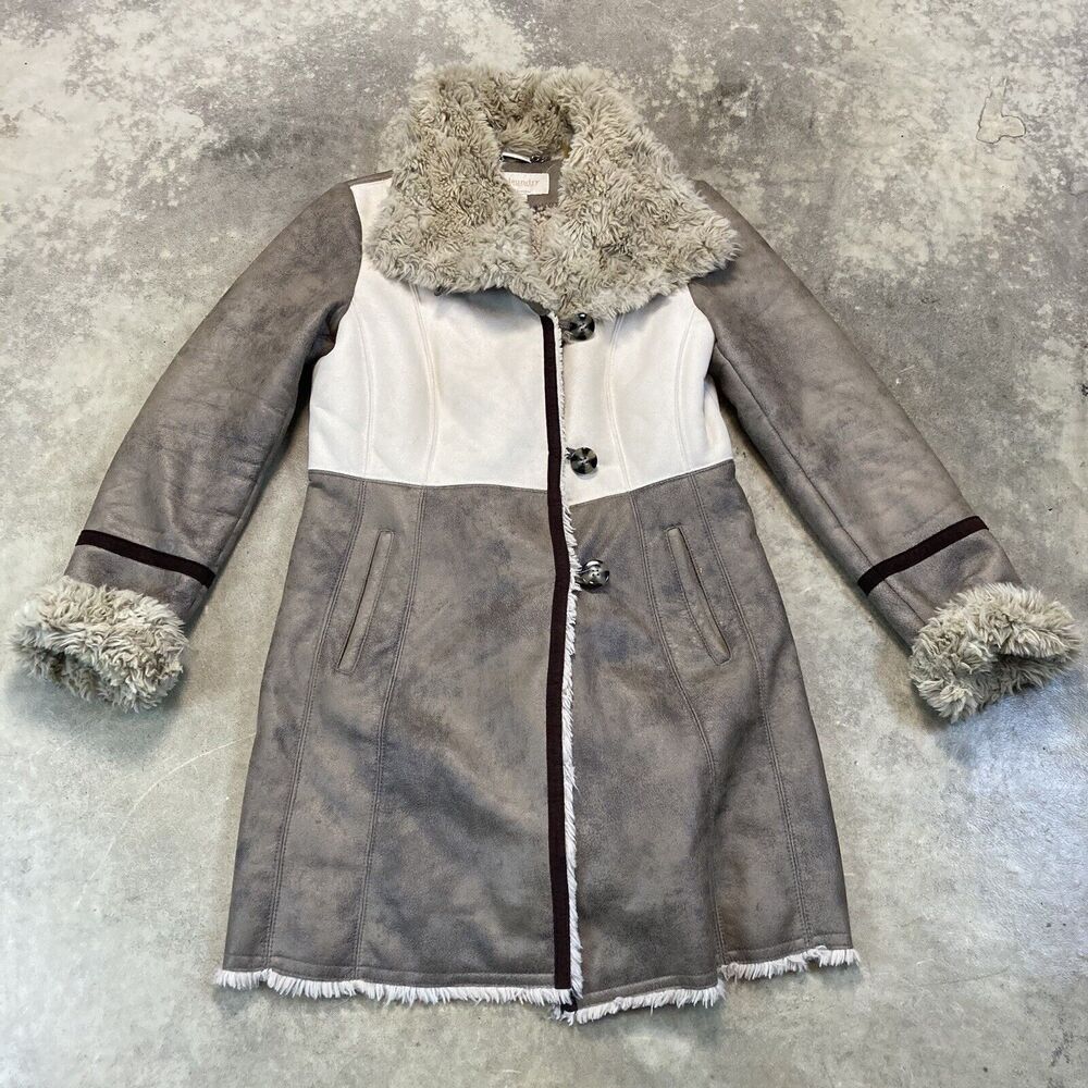 Laundry by Shelli Segal Coat Women‎ M Taupe Ivory Faux Suede Fur Trim